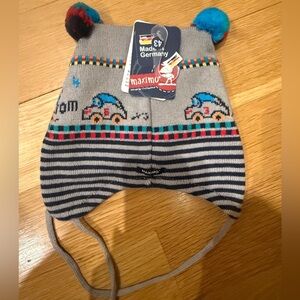 Maximos Grey Knit Kids Hat with Blue, Red and Black Pom-Poms NWT